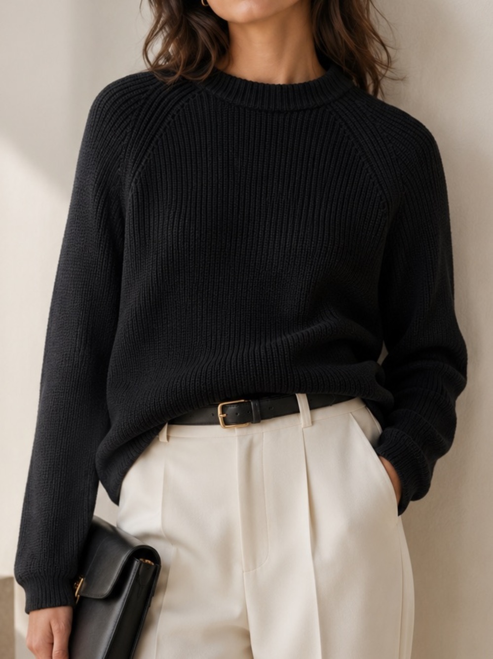 Pura Cashmere Supima Cotton Sweater Size Small Black Ribbed Crewneck Fisherman